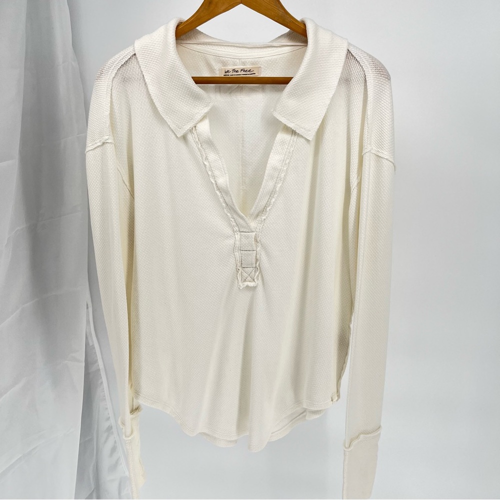 Free People We The Free Cream Waffle Knit Collared Henley Top M